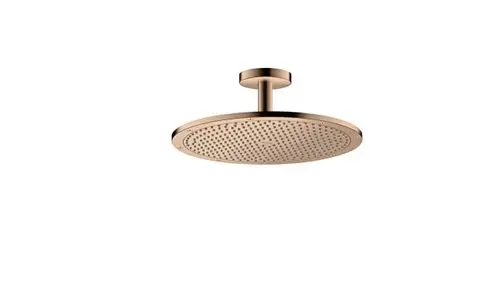 Deckenmontierte Kopfbrause in kupferrot-goldenem Finish, gefertigt von AXOR, mit gleichmäßiger Wasserverteilung für die Dusche.